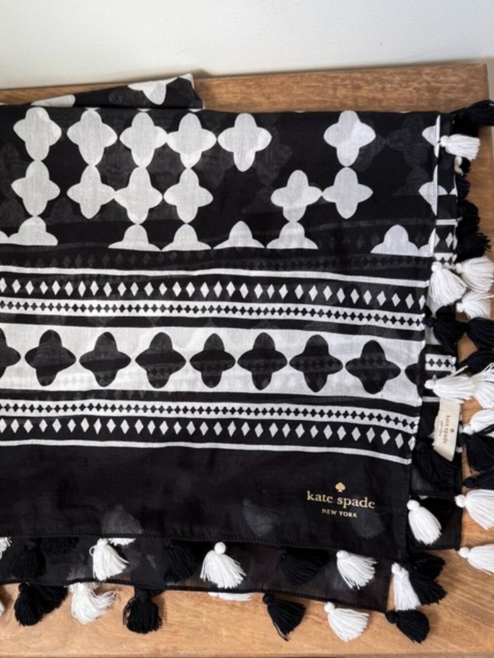 KATE SPADE New York Black & White Geometric Tassel Scarf